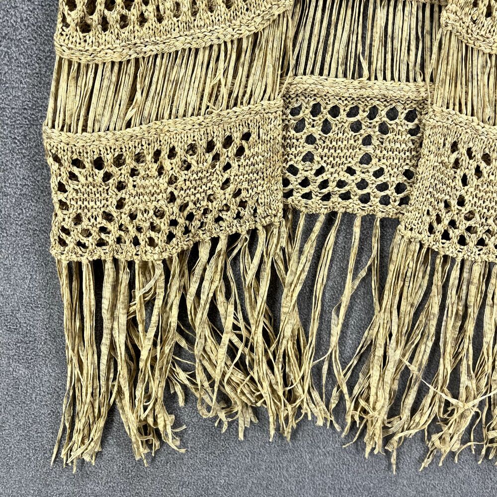 Zara Knit Cardigan Medium Tan Open Crochet Fringe Tassels Taupe raglan sleeve - Picture 6 of 16